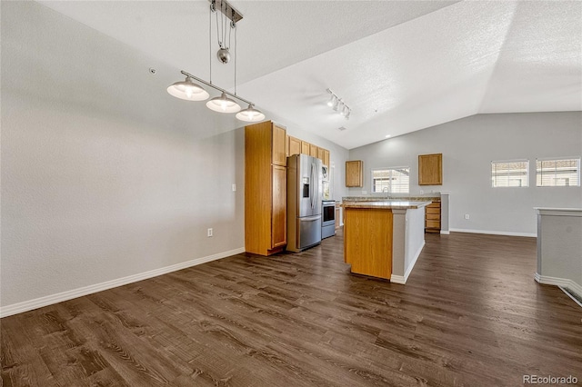 kitchen with pendant lighting, lofted ceiling, dark wood-type flooring, a kitchen island, and stainless steel appliances