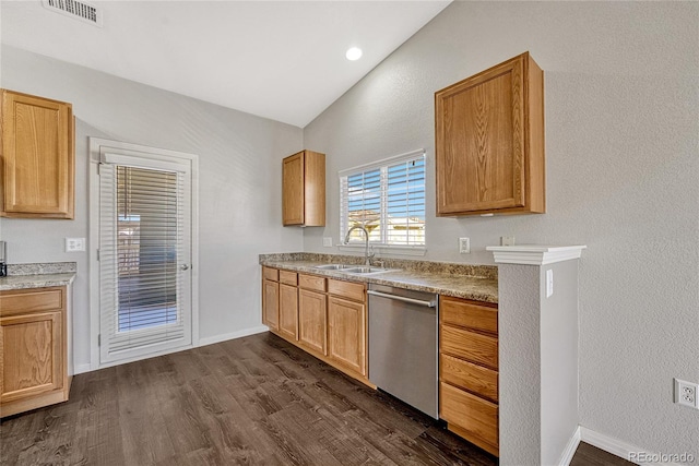 kitchen featuring vaulted ceiling, stainless steel dishwasher, dark wood-type flooring, and sink