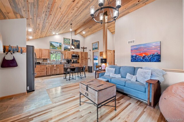 332 Harris St, Bailey, CO 80421 - living area with a chandelier, high vaulted ceiling, wood ceiling with exposed beams, and baseboards