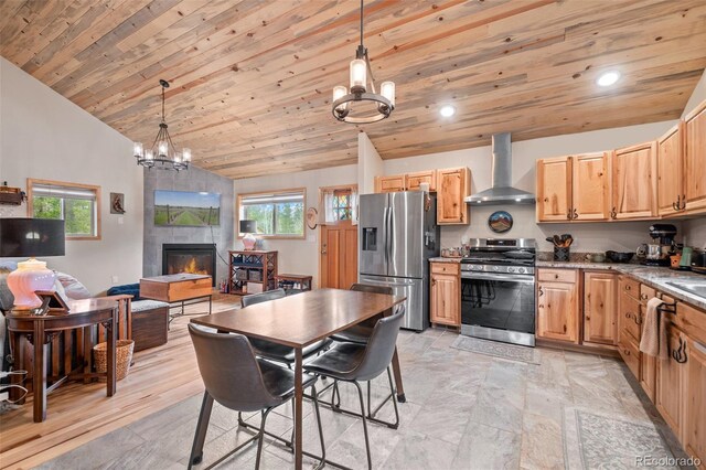 332 Harris St, Bailey, CO 80421 - kitchen with stainless steel appliances, wall chimney exhaust hood, lofted ceiling, a chandelier, and wooden ceiling
