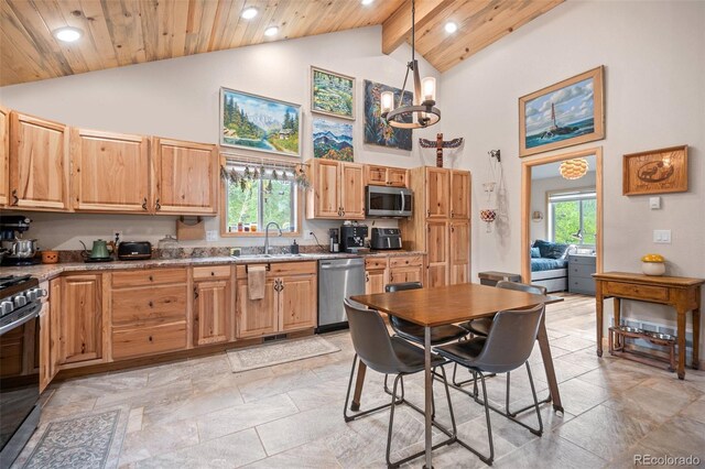 332 Harris St, Bailey, CO 80421 - kitchen featuring appliances with stainless steel finishes, a sink, high vaulted ceiling, recessed lighting, and wooden ceiling