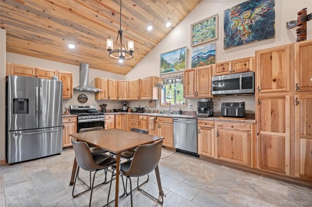 332 Harris St, Bailey, CO 80421 - kitchen featuring stainless steel appliances, wall chimney range hood, high vaulted ceiling, a chandelier, and wooden ceiling