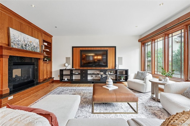 1351 S Milwaukee St, Denver, CO 80210 - living room featuring wood finished floors, a high end fireplace, built in shelves, and recessed lighting