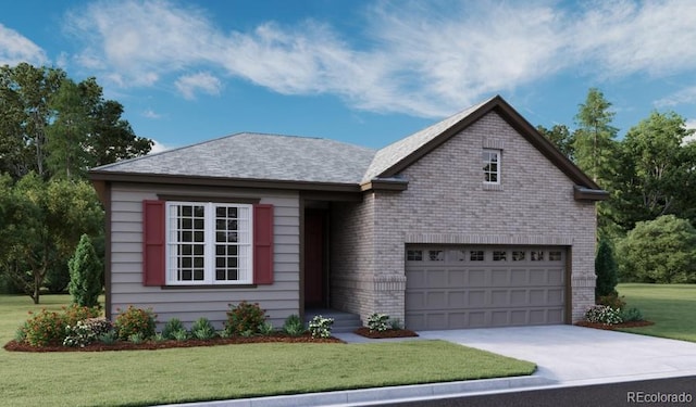 view of front of house with a garage, driveway, brick siding, and a front lawn