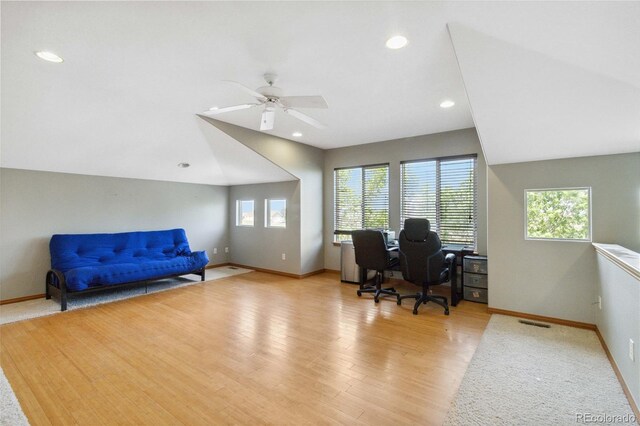 1550 Ajax St, Strasburg, CO 80136 - office featuring wood finished floors, a ceiling fan, recessed lighting, and vaulted ceiling