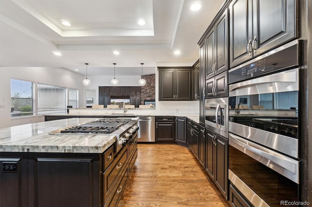 12939 Wabash Ct, Thornton, CO 80602 - kitchen featuring stainless steel appliances, a raised ceiling, recessed lighting, light wood-style floors, and a peninsula