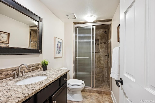 5320 S Geneva St, Englewood, CO 80111 - bathroom with a shower stall, toilet, vanity, and tile patterned flooring