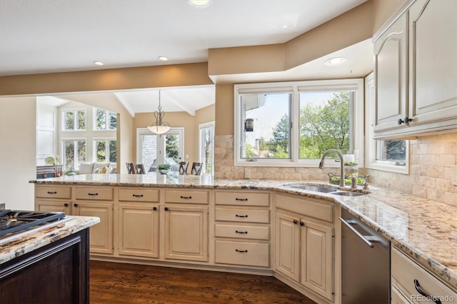5320 S Geneva St, Englewood, CO 80111 - kitchen with a sink, appliances with stainless steel finishes, light stone countertops, backsplash, and dark wood finished floors
