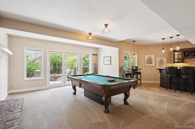 5320 S Geneva St, Englewood, CO 80111 - recreation room featuring light carpet, pool table, a dry bar, baseboards, and a textured ceiling