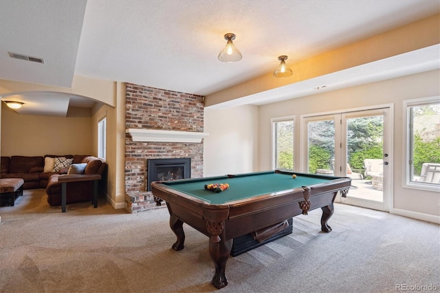5320 S Geneva St, Englewood, CO 80111 - recreation room featuring carpet, arched walkways, pool table, and a fireplace