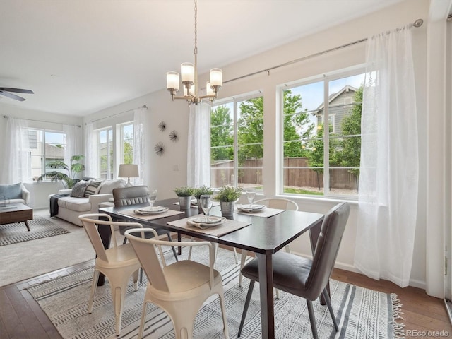 15350 W 50th Dr, Golden, CO 80403 - dining area with hardwood / wood-style floors, a chandelier, and a ceiling fan