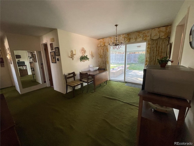 carpeted dining space with a chandelier