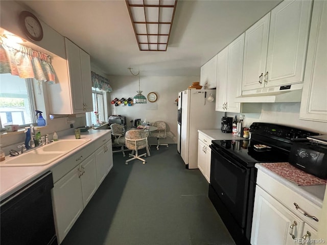 kitchen featuring under cabinet range hood, black appliances, a sink, white cabinetry, and light countertops