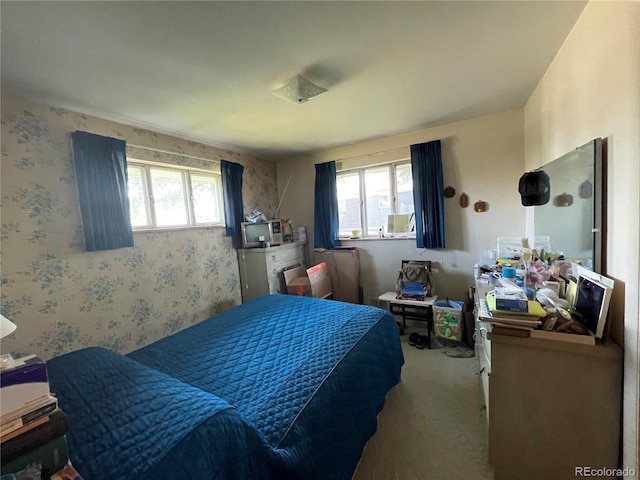 carpeted bedroom featuring multiple windows