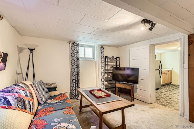 living area featuring light carpet