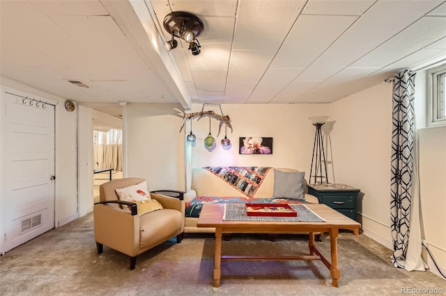 living area with carpet