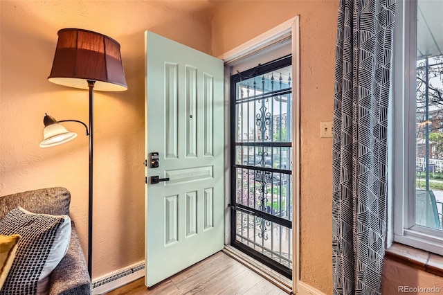 entryway featuring a textured wall and wood finished floors