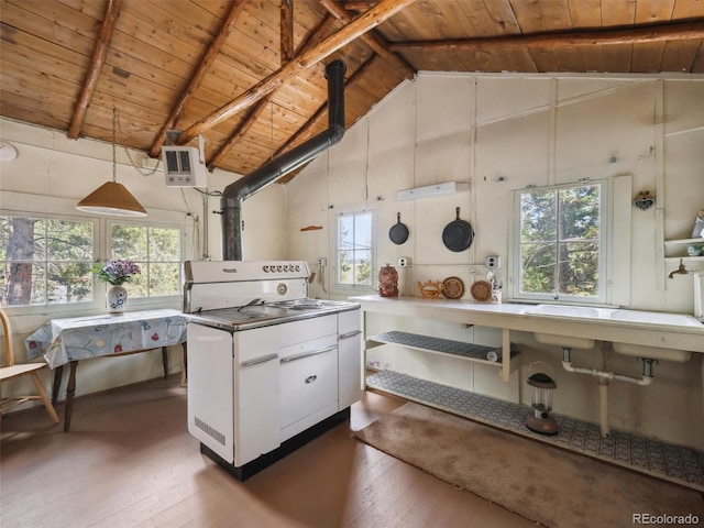 kitchen featuring a wealth of natural light, wood ceiling, and hardwood / wood-style floors