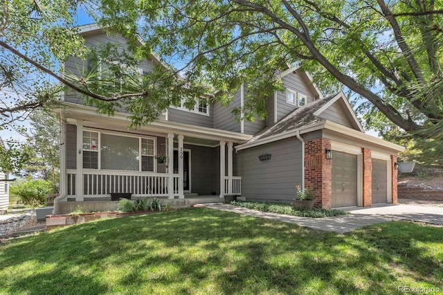 750 Deer Clover Cir, Castle Pines, CO 80108 - traditional home featuring a porch, an attached garage, brick siding, a front lawn, and concrete driveway