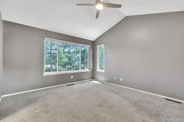 750 Deer Clover Cir, Castle Pines, CO 80108 - empty room featuring ceiling fan, vaulted ceiling, carpet, and a textured wall