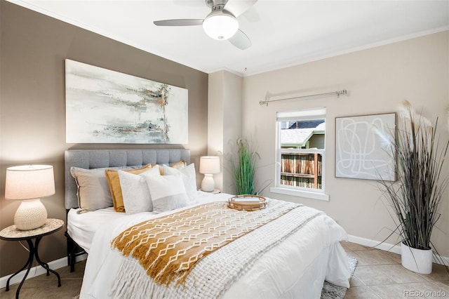 3842 Zenobia St, Denver, CO 80212 - bedroom featuring tile patterned floors, baseboards, ornamental molding, and ceiling fan