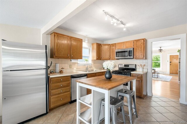 3842 Zenobia St, Denver, CO 80212 - kitchen featuring stainless steel appliances, wooden counters, a sink, and healthy amount of natural light