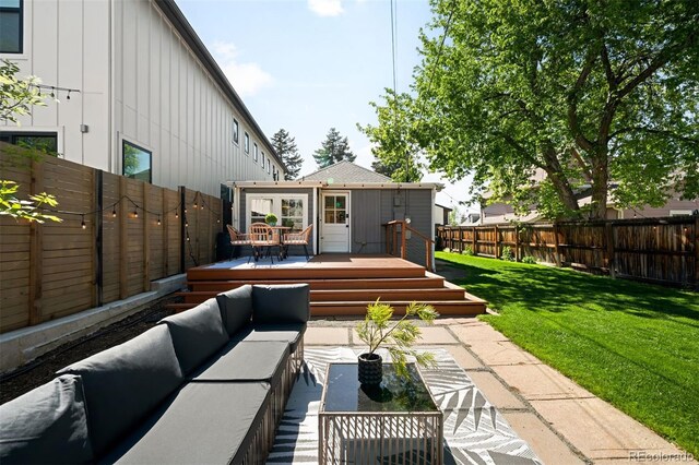 3842 Zenobia St, Denver, CO 80212 - view of patio / terrace featuring an outdoor hangout area, a wooden deck, and outdoor dining space