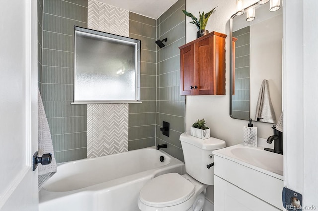 bathroom featuring vanity,  shower combination, and toilet