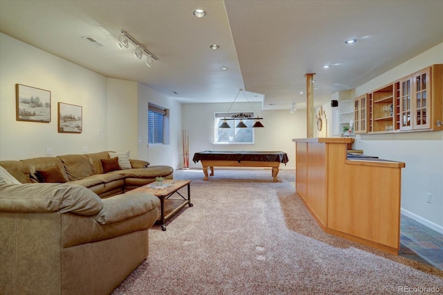 playroom featuring wet bar, billiards, recessed lighting, baseboards, and carpet floors