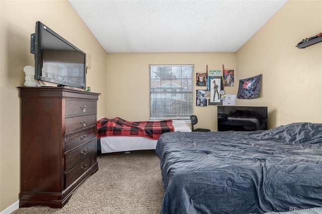 bedroom featuring baseboards, carpet floors, and a textured ceiling