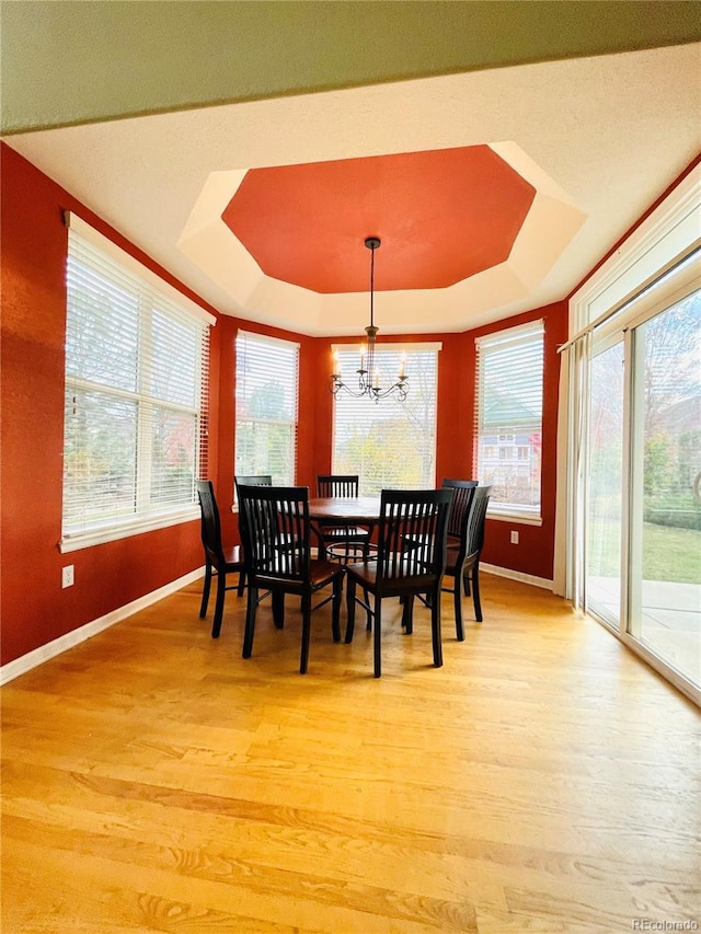 16866 E Peakview Ave, Aurora, CO 80016 - dining room with a tray ceiling, a chandelier, and light wood-style flooring
