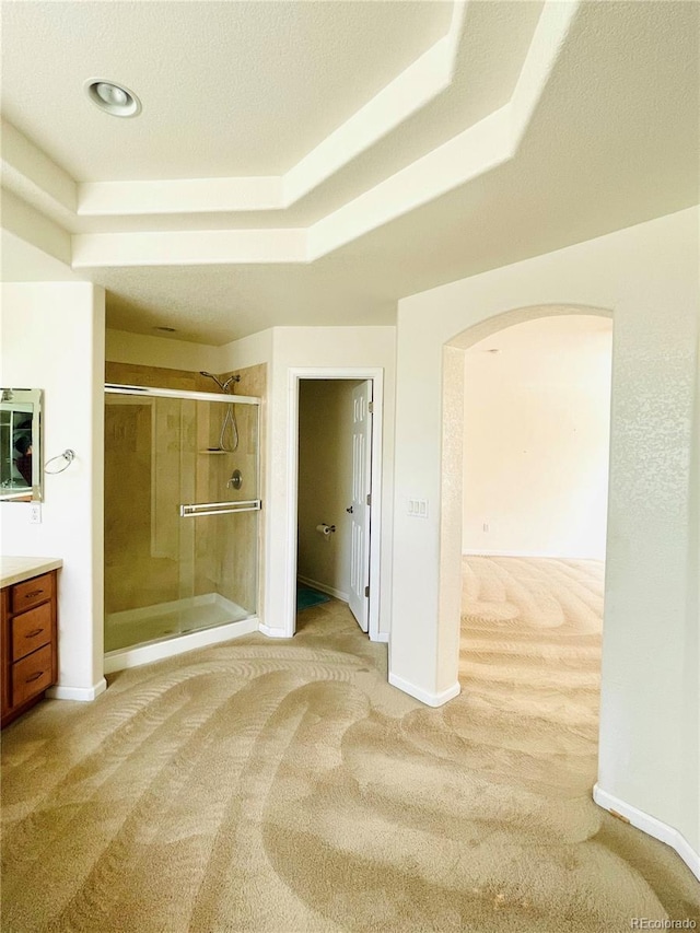 16866 E Peakview Ave, Aurora, CO 80016 - full bathroom with vanity, a stall shower, and a tray ceiling
