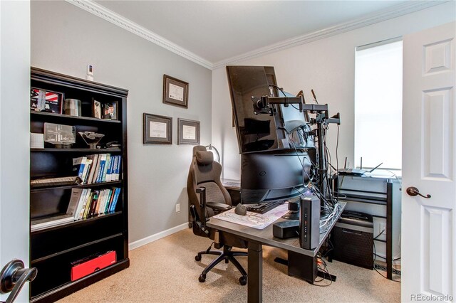 carpeted office space with crown molding and baseboards