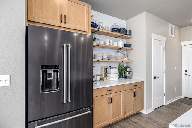 4522 Barrow Ln, Timnath, CO 80547 - kitchen featuring high end fridge, tasteful backsplash, dark wood finished floors, light countertops, and open shelves