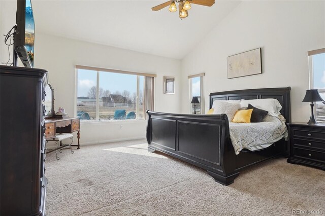 16665 Kenuil St, Brighton, CO 80603 - carpeted bedroom with high vaulted ceiling, baseboards, and ceiling fan