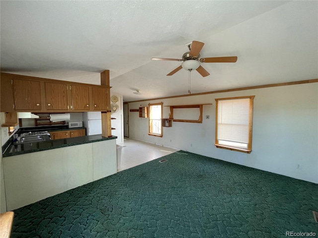 kitchen featuring lofted ceiling, light carpet, sink, ceiling fan, and ornamental molding