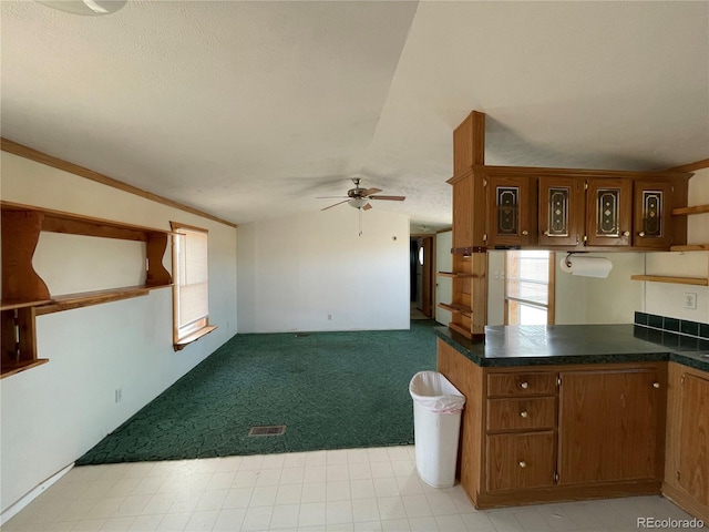 kitchen featuring light carpet, a textured ceiling, ceiling fan, and ornamental molding