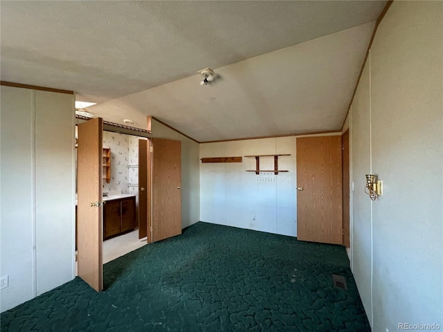 carpeted empty room featuring a textured ceiling and vaulted ceiling