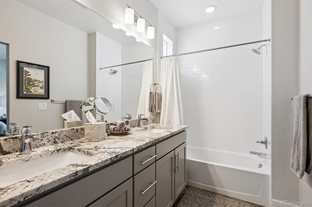 888 S Valentia St Unit 20-101, Denver, CO 80247 - bathroom with shower / bath combo with shower curtain and double vanity