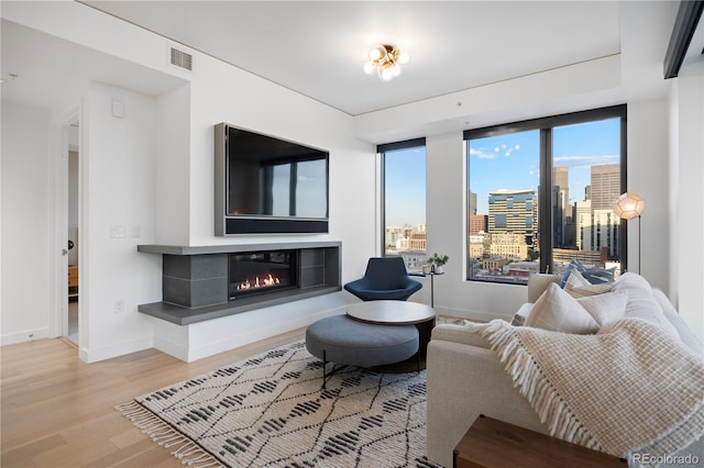 1750 Wewatta St Unit 1720, Denver, CO 80202 - living area featuring wood finished floors, baseboards, and a tile fireplace