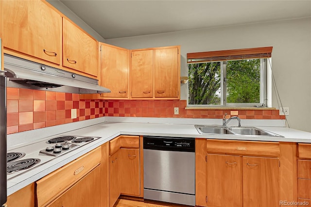 kitchen featuring dishwasher, under cabinet range hood, a sink, electric cooktop, and light countertops