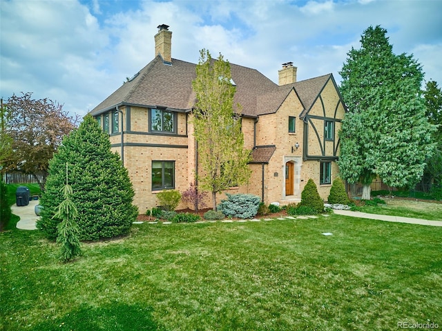 exterior space featuring a yard, a shingled roof, a chimney, and brick siding