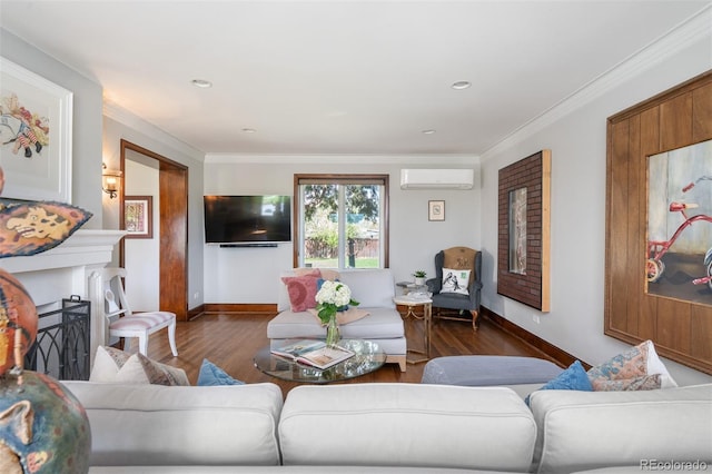 living room featuring a wall mounted air conditioner, baseboards, and wood finished floors