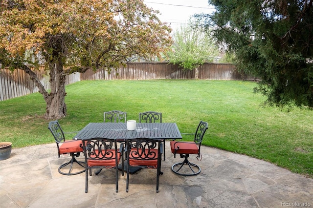 view of patio with a fenced backyard and outdoor dining space