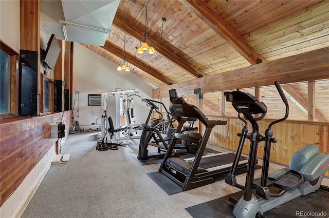 exercise area featuring carpet flooring, wood walls, wooden ceiling, and high vaulted ceiling