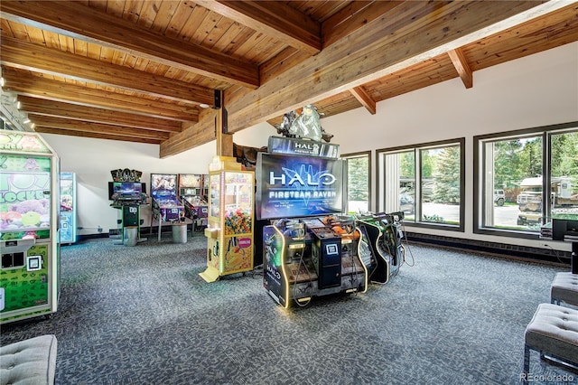 rec room featuring carpet flooring, beam ceiling, and wood ceiling