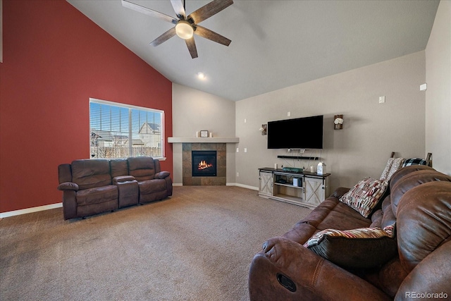 living area featuring carpet, a fireplace, ceiling fan, high vaulted ceiling, and baseboards