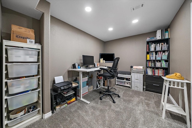 office area with carpet floors, visible vents, and recessed lighting