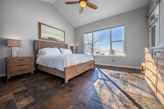 bedroom with ceiling fan and lofted ceiling