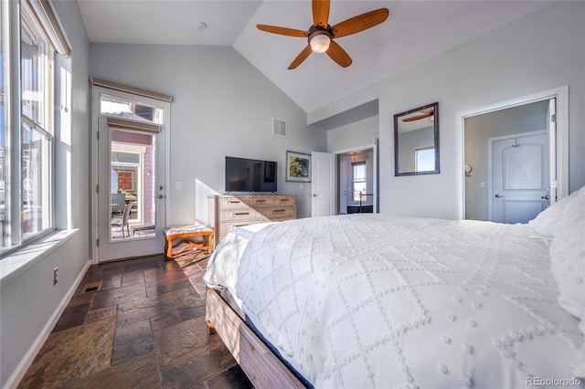 bedroom featuring ceiling fan and lofted ceiling